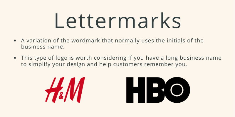 Header reads: Lettermark. Two bullet points below read "A variation of the wordmark that normally uses the initials of the business name" and "This type of logo is worth considering if you have a long business name to simplify your design and help customers remember you.". The H&M and HBO logos are shown below as examples.