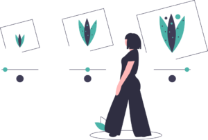 Illustration of a woman walking in front of three responsive logos that get larger with increasing detail from left to right