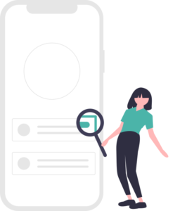 Illustration of woman standing next to large smartphone and holding magnifying glass over the screen