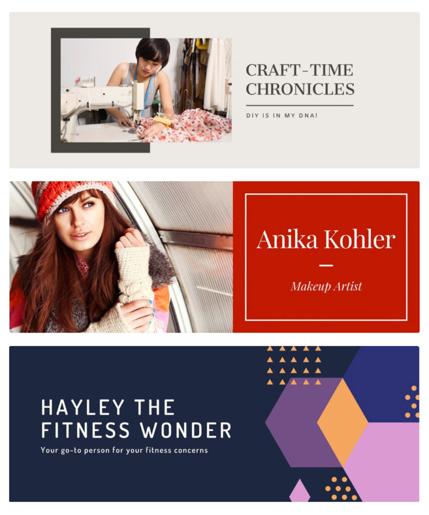 Three examples of Facebook cover images from Canva stacked: first image shows a photo of a woman working at a sewing machine, with text to the let that reads "Craft-time chronicles - DIY is in my DNA!"; second is a photo of a woman in sweater and beanie, and the white text on a red background to the left reads " Anika Kohler - Makeup Artist"; the third has white text on a navy background that reads " Hayley the fitness wonder - Your go-to person for your fitness concerns" and to the lefts are purple and gold geometric shapes.