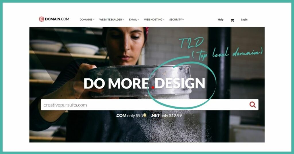 Screenshot of domain.com homepage with search function to buy domain name. Dynamic header featuring changing domain name extension (screenshot shows as ".design") is circled in teal with handwritten text marking it a a TLD or top level domain.