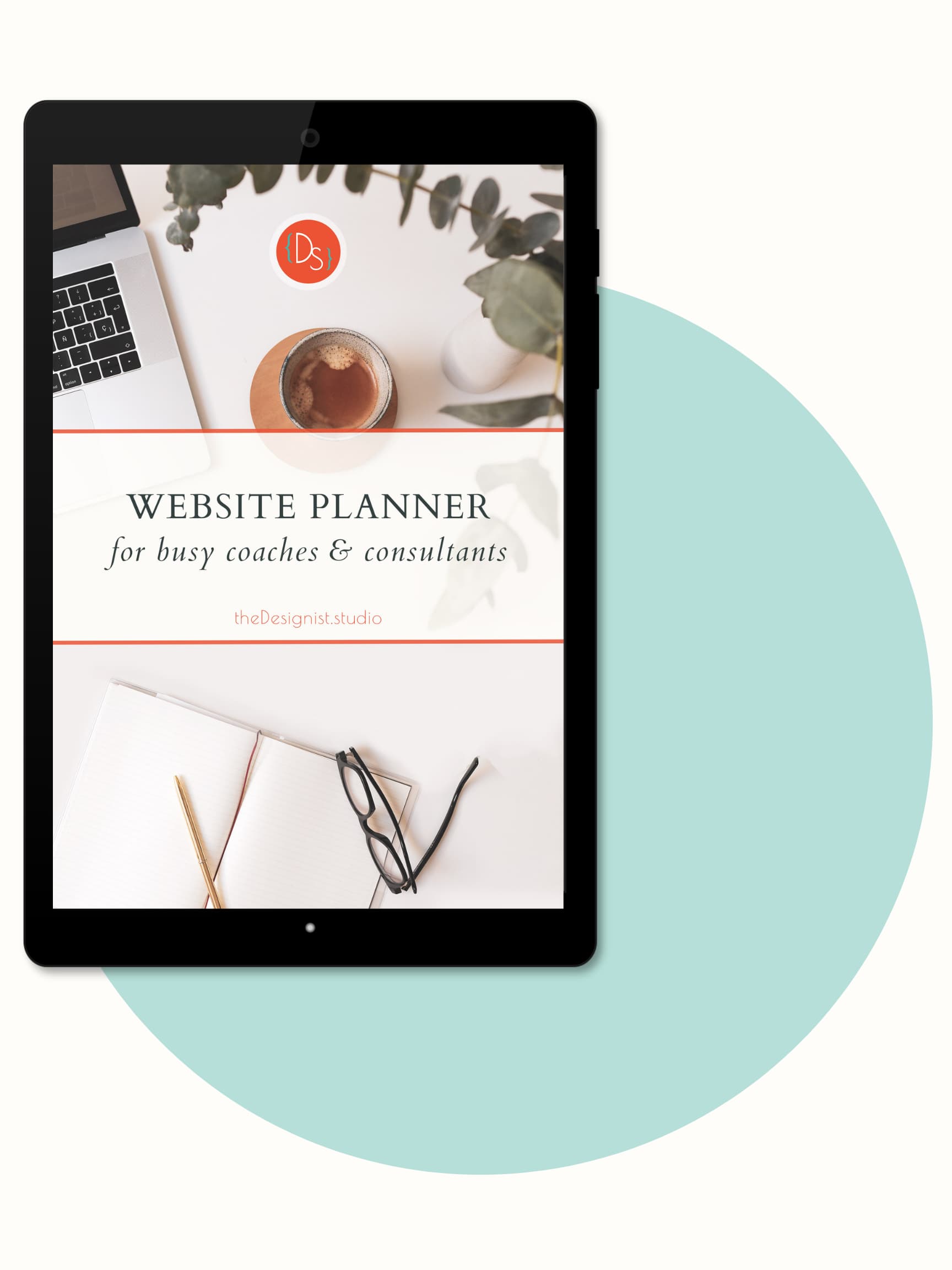 Tablet screen shows the cover of The Designist Studio's Essential Website Planner