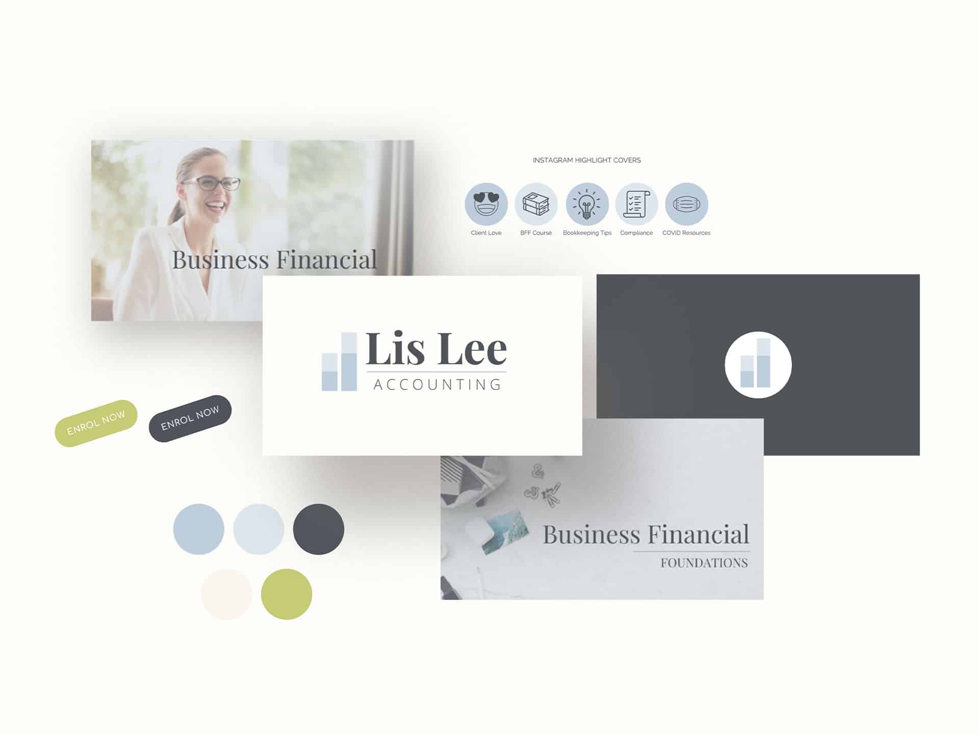 Visual brand assets for Lis Lee Accounting, logo, colour palette, icons and Thinkific course cover
